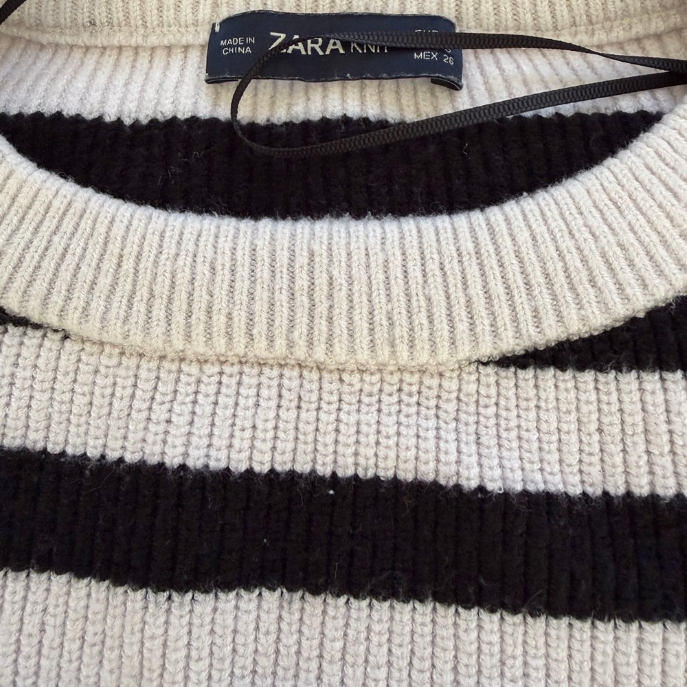 ZARA Black and Cream Striped Ribbed Knit Sweater